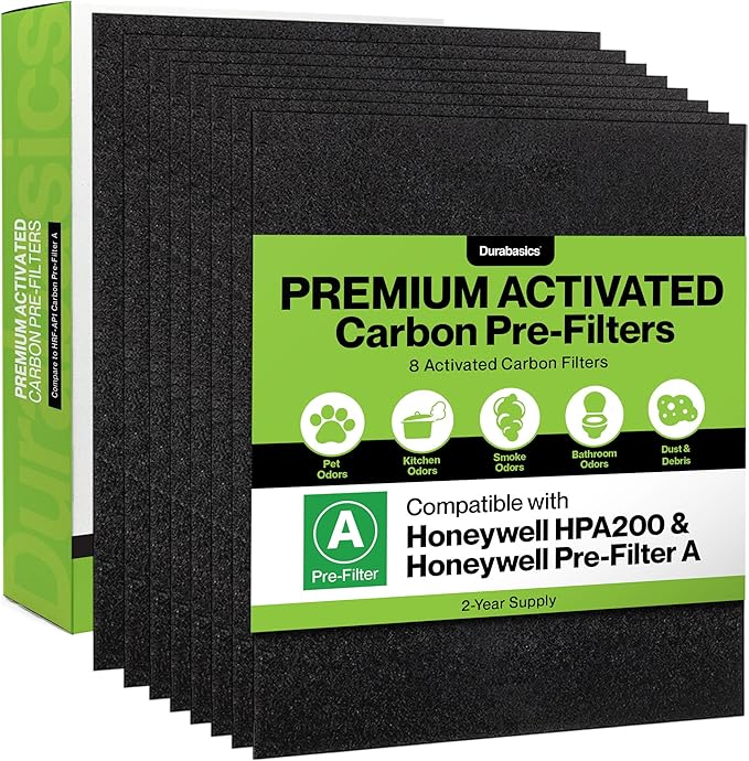 Durabasics 8 Pack Replacement Prefilter for Honeywell HPA200 | Carbon Pre Filter Replacements for Honeywell Prefilter A, Air Filter A, HRF AP1, HRF-A200, and HPA200 Filters