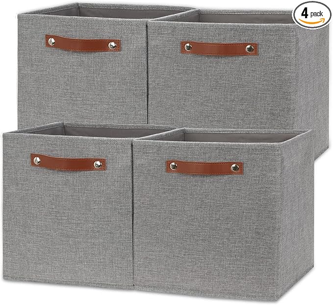 Temary 12x12 Storage Cube Bins 4 Pack Fabric Storage Cubes Storage Bins with Leather Handles, Storage Baskets Foldable Cube Organizers Bins for Home (Grey)