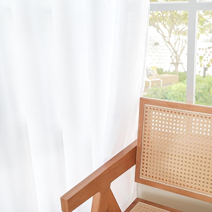 YoungsTex 40 Inch Length White Linen Curtains for Kitchen Window, Rod Pocket Short Semi Sheer Drapes Light Filtering for Bathroom Bedroom Back Tab Small Curtain, 42 X 40 Inch, 2 Panels