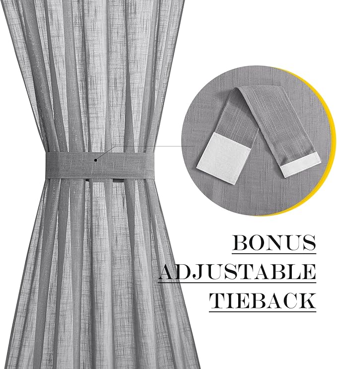 NICETOWN French Door Curtain with Bonus Tieback, Casual French Window Covering Sheer Drapes for Balcony 25 Inches Wide by 72 Inches Long, Front Back Door Shade for Bathroom, 1 PC, Dark Grey
