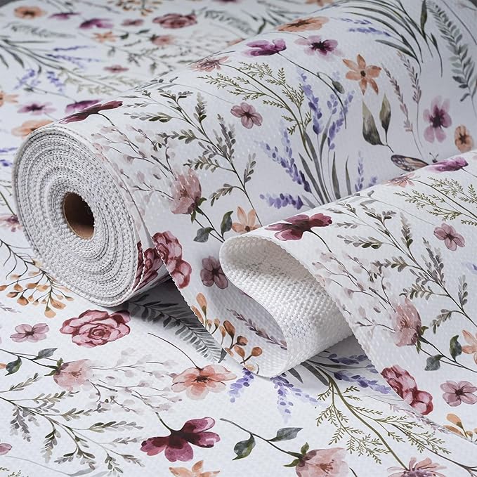Floral Drawer and Shelf Liner for Kitchen Cabinets,16IN x 20FT Non-Adhesive and Strong Non-Slip Cabinet Drawer Liners for Kitchen Shelf, Waterproof Cupboard Liners,Easy to Clean