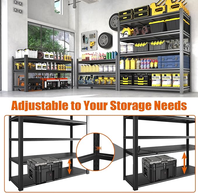 84“H Garage Shelving Heavy Duty Storage Shelves 3000 LBS Adjustable 5 Tier Metal Shelving Uints and Storage for Garage, Warehouse, Commercial, 48" W x 24" D x 84" H, 4 Packs