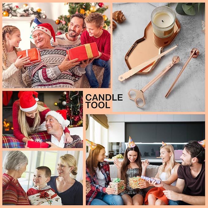 PATOISE 4 in 1 Candle Accessory Set, Wick Trimmer, Candle Snuffer, Wick Scoop,Storage Tray,Perfect for Candle Lovers (Rose Gold)