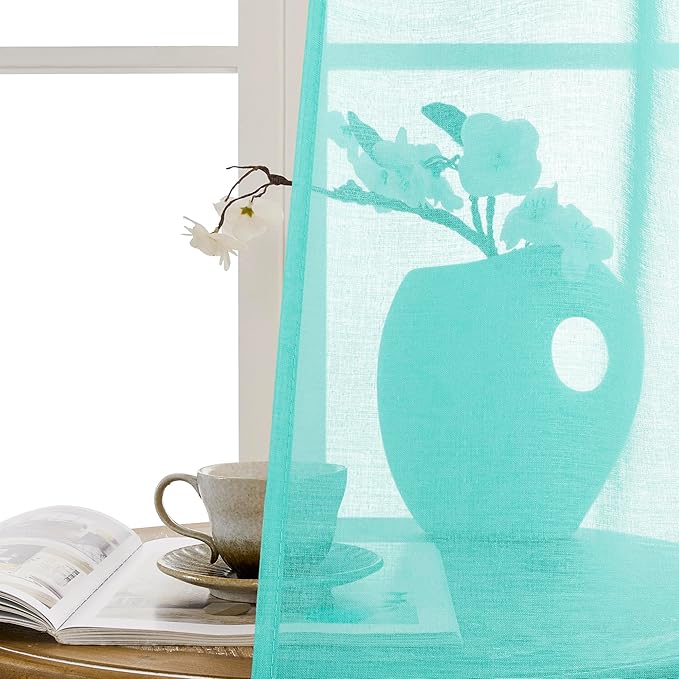 Tollpiz Short Sheer Door Curtains Closet Linen Textured Curtains Sheer Doorway Light Filtering Voile Patio Door Rod Pocket Curtain French Door, 54 x 40 inches Long, Aqua Blue, Set of 1 Panel