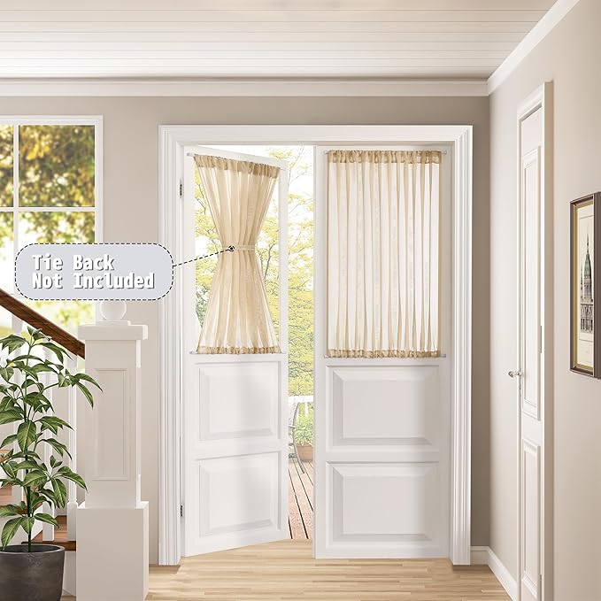 Tollpiz Sheer Door Curtains Closet Linen Textured Curtain Sheers Doorway Light Filtering Voile French Door Rod Pocket Curtains Patio Glass Door, 54 x 63 inches Long, Beige, Set of 1 Panel