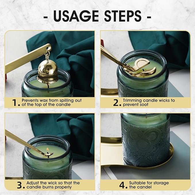 PATOISE 4 in 1 Candle Accessory Set, Candle Wick Trimmer Cutter, Candle Snuffer, Candle Wick Dipper, Tray Holder in Gift Package for Candle Aromatherapy Lovers(Mini 4PCS Gold)
