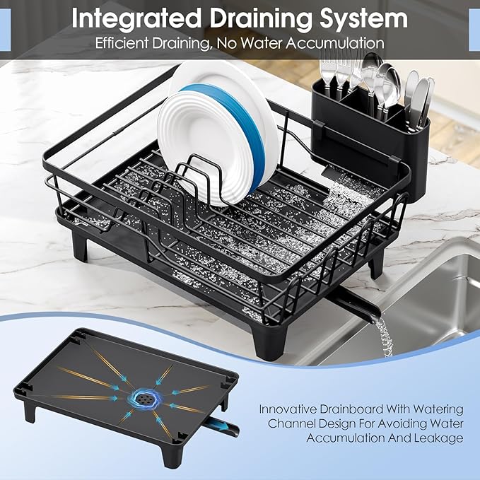 Dish Drainers for Kitchen Counter - Large Capacity Dish Drying Rack with Drainboard, Rustproof & Sturdy Design, Black Dish Rack Perfect for Plates, Cups & Kitchen Countertop Organization