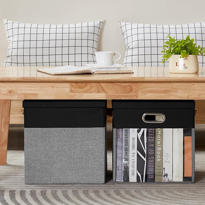 Fabric Storage Cubes with Clear Windows and Lids, 13'' Foldable Storage Bins with 3 Handles, Decorative Storage Boxes for Home, Bedroom, Closet, Office (Black&Gray)