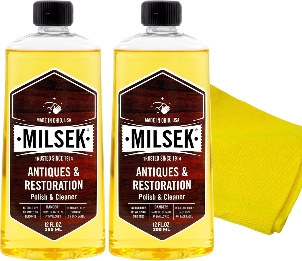 Milsek Antiques & Restoration Polish 2-Pack with Towel 12 oz | Two bottles of wood polish with microfiber towel for cleaning, restoring, and maintaining antique wood surfaces.