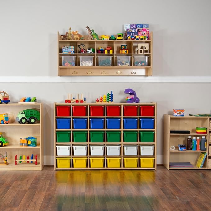 Wood Designs Cubby Storage Bin, Heavy Duty Plastic Containers for Kids Assorted Cubby Tray Set of 25
