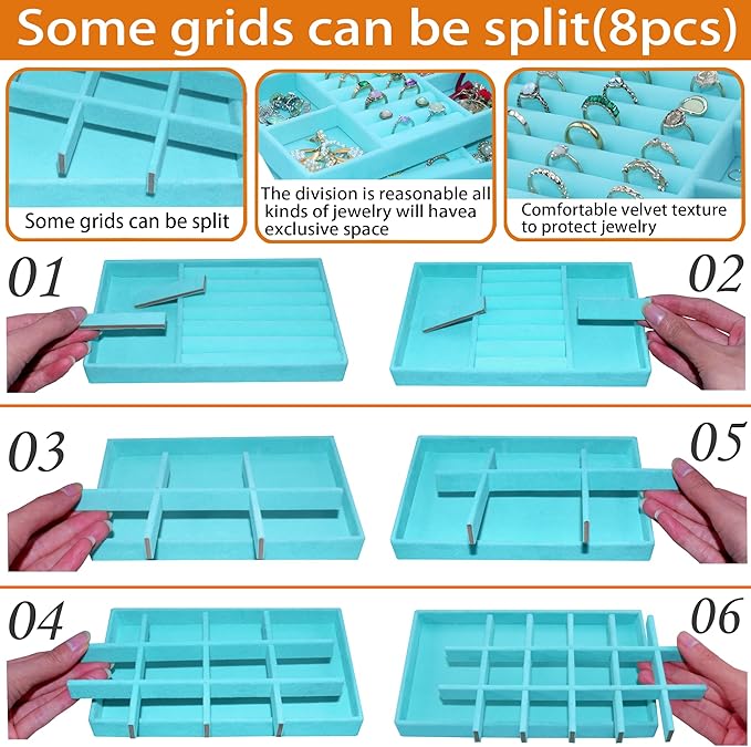 8 Pcs Velvet Jewelry Tray Stackable Jewelry Drawers Organizer Trays Rings Earrings Bracelet Organizer (8.2" x 5" x 1")