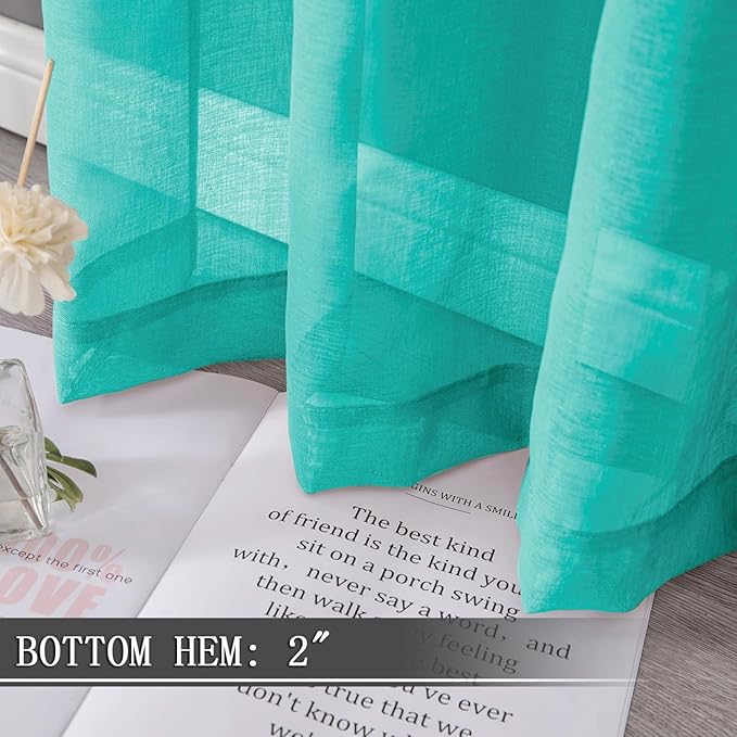 Tollpiz Short Sheer Curtain Living Room Linen Textured Curtains Sheer Light Filtering Voile Rod Pocket Curtain for Bedroom, 38 x 54 inches Long, Aqua Blue, Set of 2 Panels