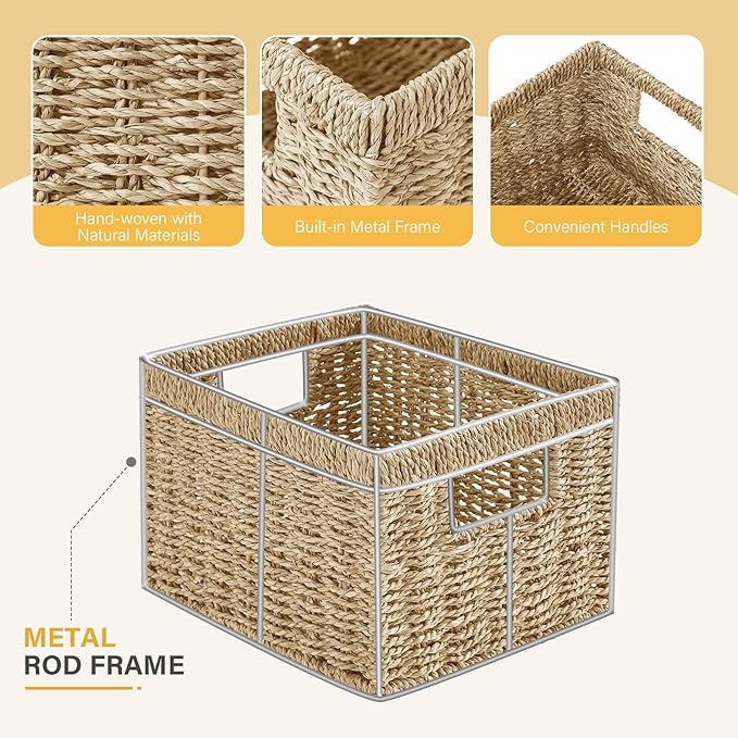 Seagrass Wicker Basket, Decorative Woven Baskets with Built-in Handles, Hand-woven Storage Organizer for Organizing Pantry, Shelves, Laundry, Livingroom, Bedroom, Toilet(2-PACK, Natural)