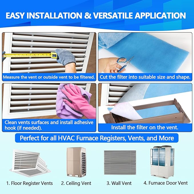 20" x120" Air Vent Filters, Cut to Fit Air Filter (80+ Filters), MERV 8 Triple Vent Filter for Home Floor, Ceiling, RV, HVAC Furnace Vents, With Adhesive Hook Tape and Installation Tape