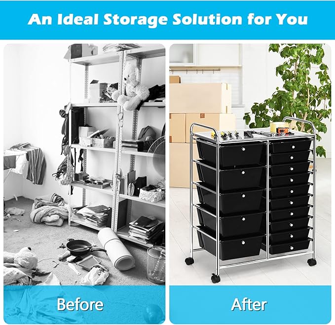 GOFLAME 15-Drawer Rolling Storage Cart, Multipurpose Movable Organizer, Utility Cart for Home, Office, School, Black