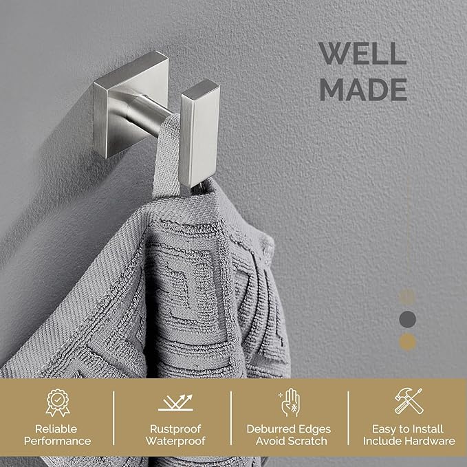 Angle Simple Bathroom Towel Hook, SUS304 Stainless Steel Single Shower Towel Hanger for Wall, Kitchen Cabinet Closet Coat Robe Holder Wall Mounted, Brushed Nickel
