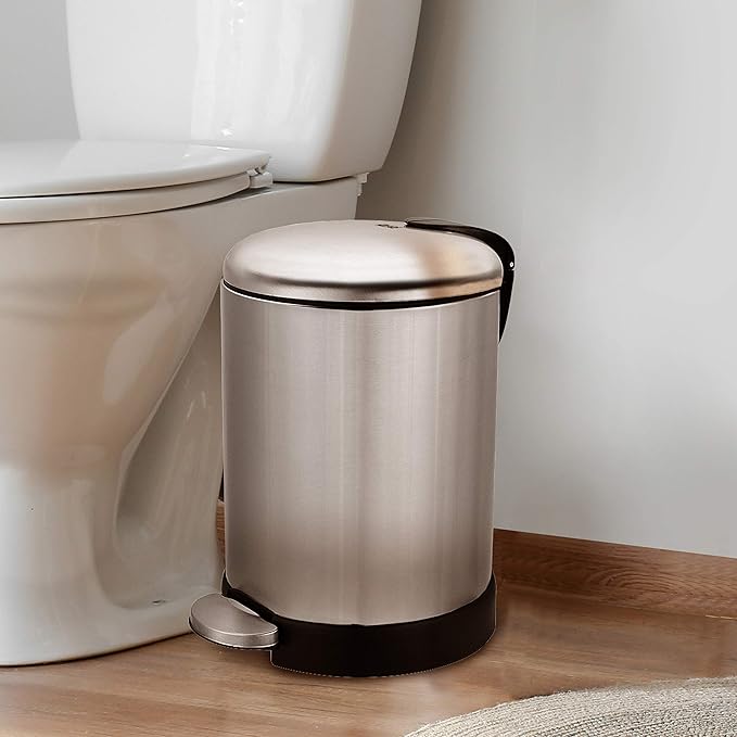 GLAD Small Trash Can, 1.2 Gallon | Round Stainless Steel Garbage Bin with Soft Close Lid & Step Foot Pedal | Metal Waste Basket with Removable Inner Bucket, Stainless