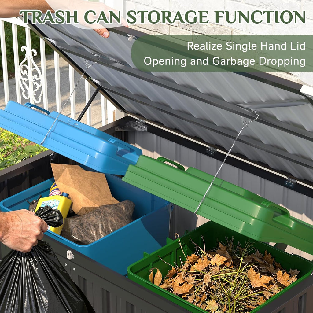 AECOJOY Outdoor Trash Can Storage Shed, 46 Cu.Ft Metal Garbage Bin Enclosure with Lift-Up Lid & Gas Strut, Waterproof Outdoor Garbage Can Organizer, Bike Shed Backyard Patio Garden, Dark Grey