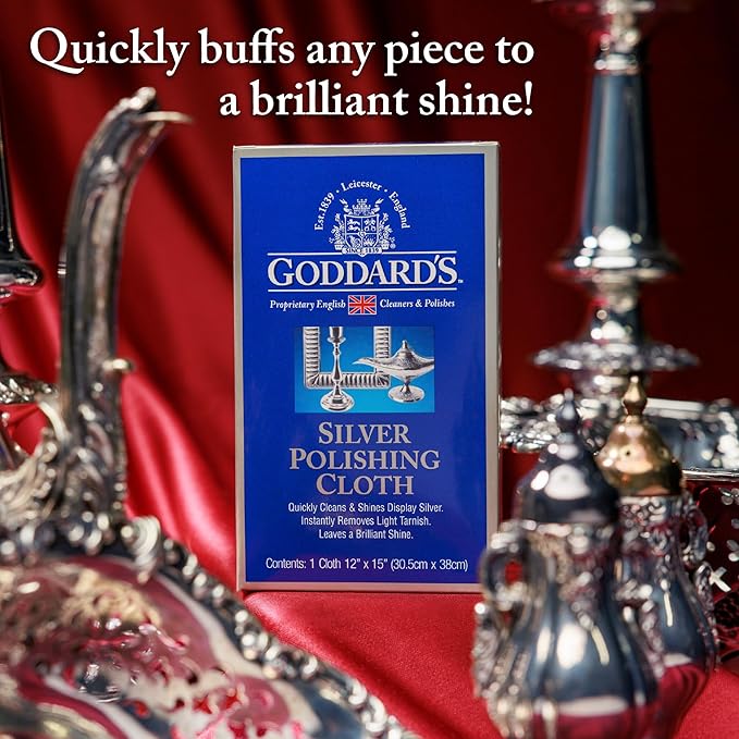 Goddard's Silver Polishing Cloth for Jewelry, Remove Tarnish on Plated or Sterling Silver, Gold, Antiques, and Leaves Tarnish Protection, 2 Cloths