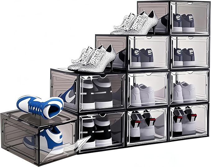 9 Pack Thicken Shoe Organizer Stackable Upgraded Sturdy Transparent Shoe Storage Box with Magnetic Door Sneaker Hats Display Case Fit Up to US Size 13, Black