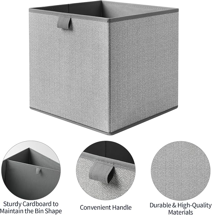 Storage Baskets, 11.8-Inch Woven Fabric Bins, Storage Cubes with Reinforced Handles, Organizer Bins for Closet Shelves, Foldable, for Toys, Clothes, Natural Beige (4PCS/Grey-11.8*11.8*11.8inch)