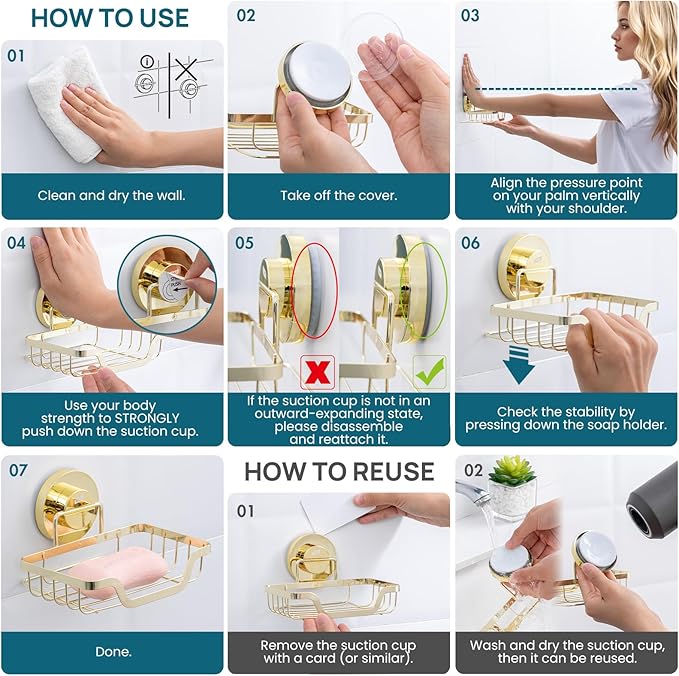 TAILI Soap Holder Bar Dish Suction Cup, Bar Shampoo Rack for Shower Wall, Draining Soap Saver Tray for Bathroom, Rustproof Stainless Steel Sponge Holder for Tub, Kitchen, Drill-Free, Gold