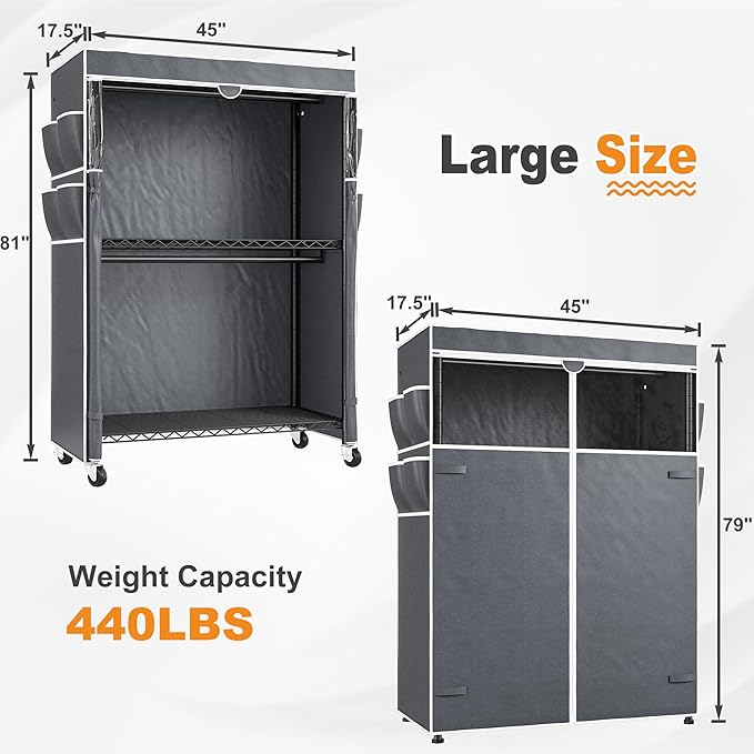 Raybee Clothes Rack with Cover, 81" H Clothing Racks for Hanging Clothes, Portable with Wheels and Adjustable Feets, Max Load 440LBS, Black