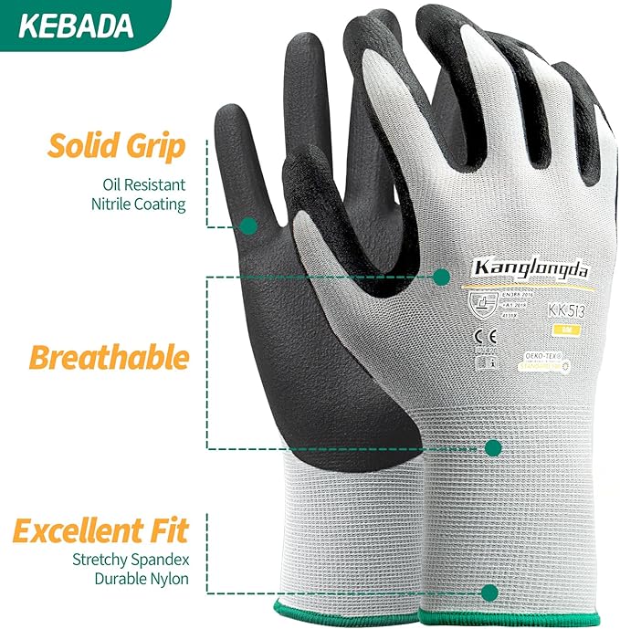 6-Paris Large Work Gloves for Men and Women, Nitrile Coated Safety Protective Gloves with Grip, Ideal for Gardening, Warehouse, Mechanic, Light Duty Construction Work