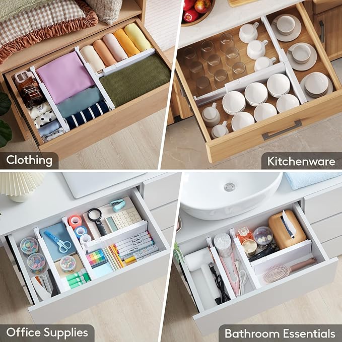 Lifewit 10 Pack Drawer Dividers 4" High,11-17" Adjustable Dresser Drawer Organizers for Clothes, Expandable Dresser Separators in Bedroom/Bathroom/Kitchen/Vanity/Office Organization and Storage, White