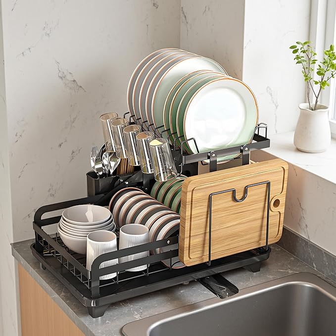 Dish Drying Rack Large 2 Tier Carbon Steel Dish Rack for Kitchen Counter,2-Tier Kitchen Organizers and Storage Rack with Drainboard and Cutlery Holder,Black, Folds Storage