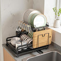 Dish Drying Rack Large 2 Tier Carbon Steel Dish Rack for Kitchen Counter,2-Tier Kitchen Organizers and Storage Rack with Drainboard and Cutlery Holder,Black, Folds Storage