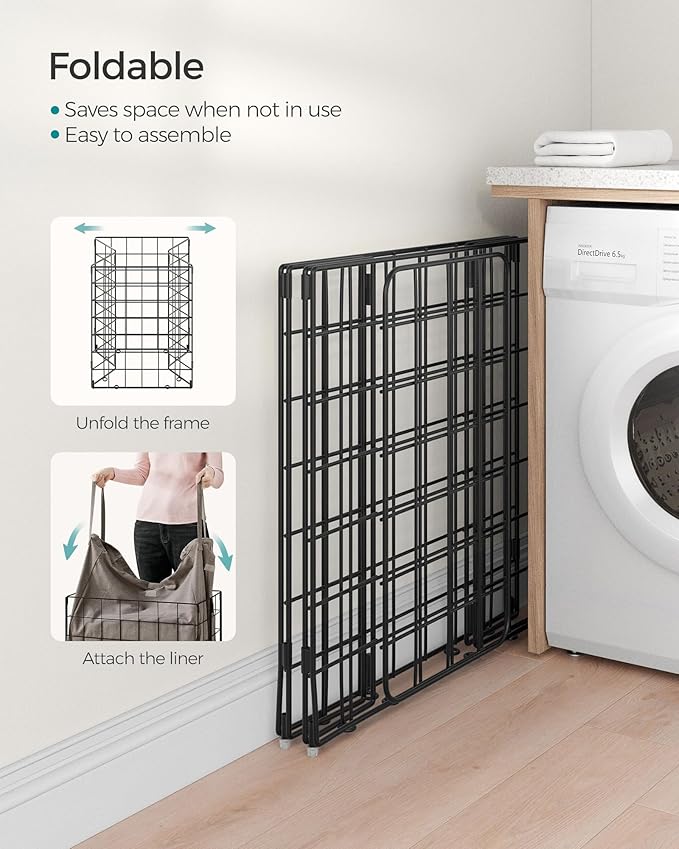 SONGMICS Laundry Hamper, 23.8 Gal. (90L) Laundry Basket, Collapsible Clothes Hamper, Removable and Washable Liner, Metal Wire Frame, for Bedroom Bathroom, Black and Camel Brown ULCB190N01