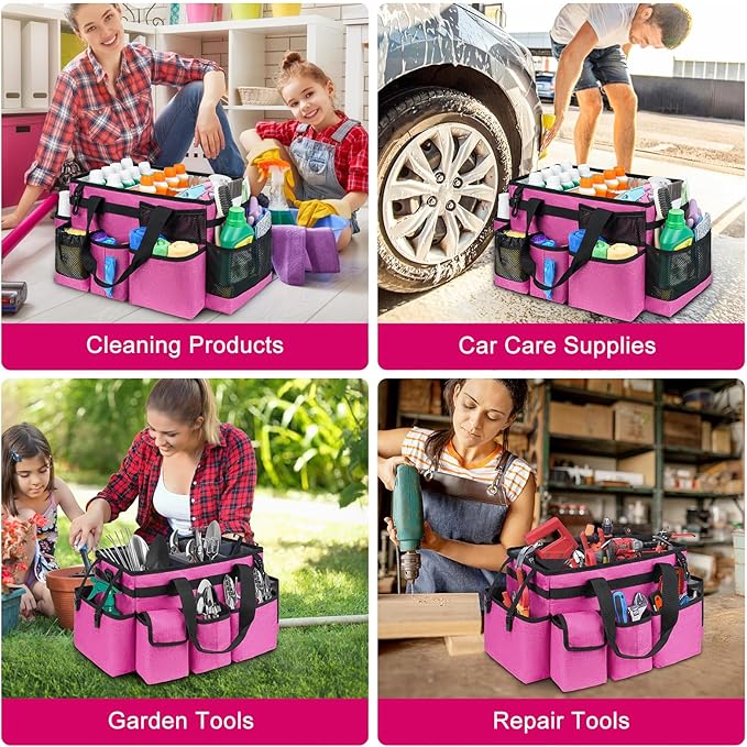 Cleaning Caddy Bag,Large Cleaning Supplies Organizer with Handle for Housekeepers,Red
