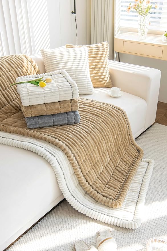 OTOB Couch Covers for 3 Cushion Sofa Pet Friendly, Plush Fuzzy Non Slip Sofa Covers Washable, Soft All Seasons Sofa Slipcovers Furniture Protector Dog Bed Mat (Coffee, 27.6" x 82.7")