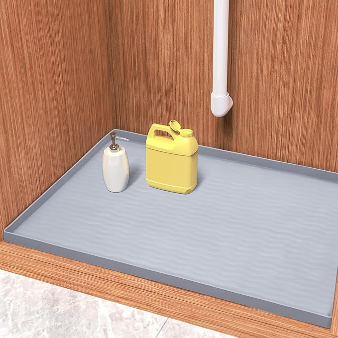 URMONA Waterproof Silicone Under Sink Mat 28'' x 19'' Shelf Liner for Kitchen and Bathroom, Cabinet and Counter Protector, Storage and Organizers, Litter Mat, Pet Cat Puppy Essentials(Light Grey)