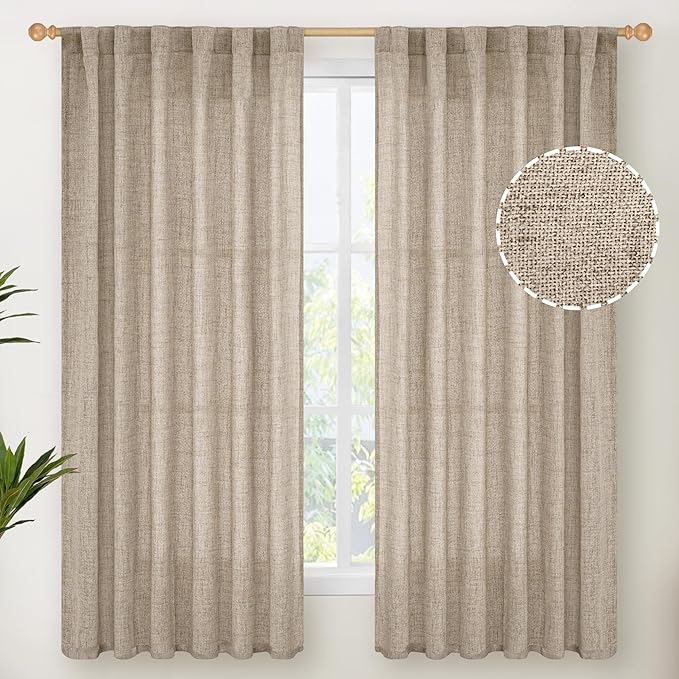 YoungsTex Dark Oatmeal Curtains 63 Inches Long for Living Room Window, Linen Semi Sheer Drapes Light Filtering with Rod Pocket Back Tab for Bedroom Farmhouse Rustic Privacy, 2 Panels, 52 X 63 Inch