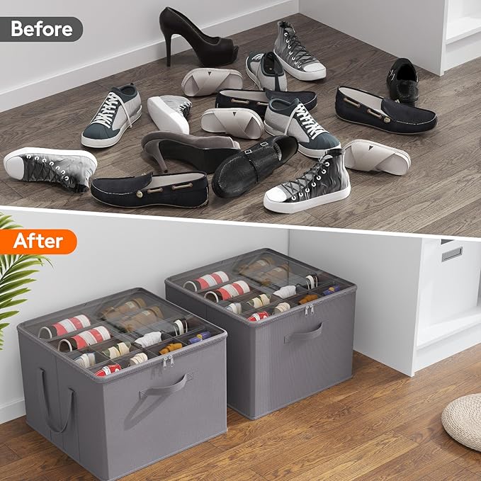 Lifewit Shoe Storage Organizer for Closet Fits 12-16 Pairs, Fabric Large Shoe Box Storage Containers with Clear Cover, Foldable Bins Fit for Boots Heels Sneakers 17"(L) x 17"(W) x 12.5"(H) 3 Pack Gray