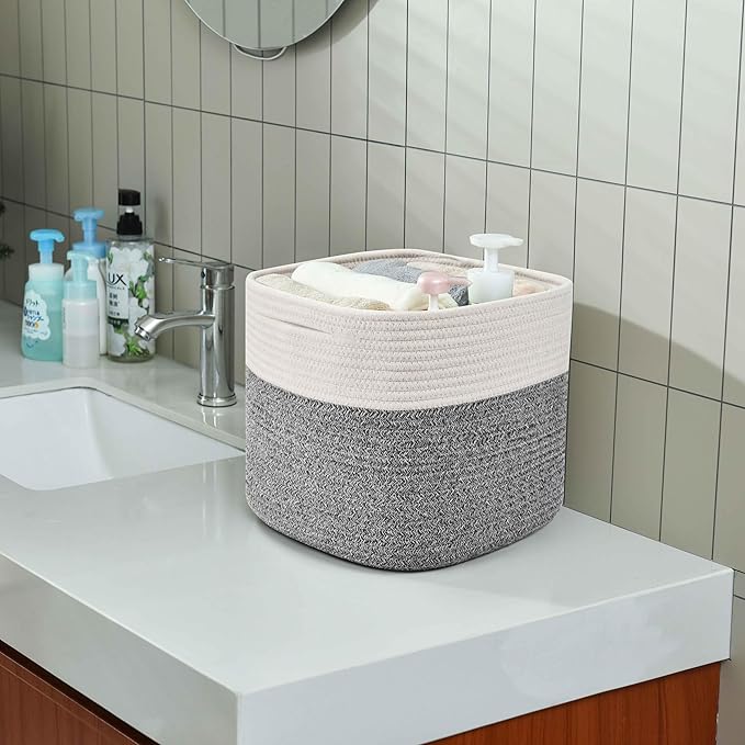 3 Pack Storage Cubes 11 Inch Cotton Rope Woven Baskets for Organizing Cube Bin Square Shelves Organizer,Classroom,Kids Toy Bins,Closet,Baby Nursery(Grey)