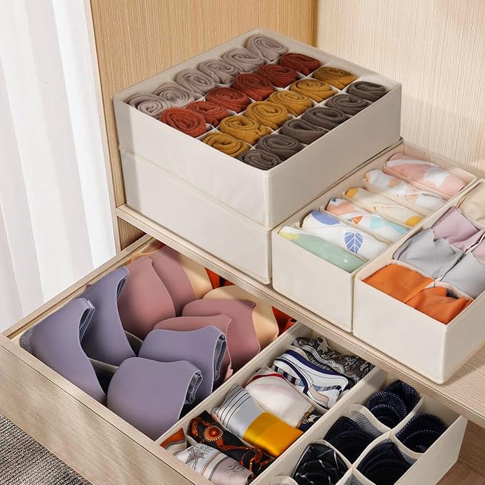 6 Pack Sock Underwear Drawer Organizer Dividers, 58 Cell Foldable Fabric Dresser Closet Organizers and Storage Bins for Clothing, Baby Clothes, Bra, Panty, Scarf, Ties (Beige)