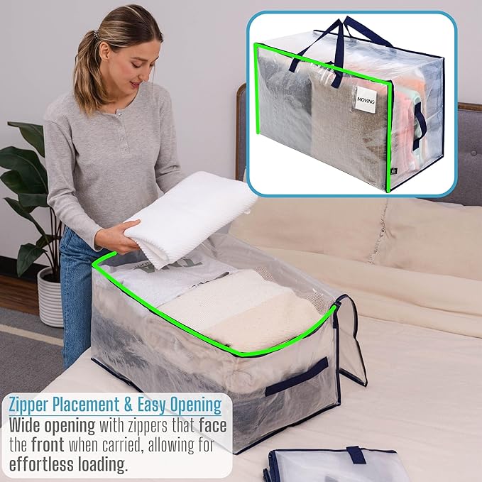 VENO 6 Pack Moving and Storage Bags, Heavy Duty, Alternative to Moving Boxes, Large Packing Totes Supplies for College Dorm Room with Zipper for Clothes, Wide Open Design (Clear, 6 Pack)