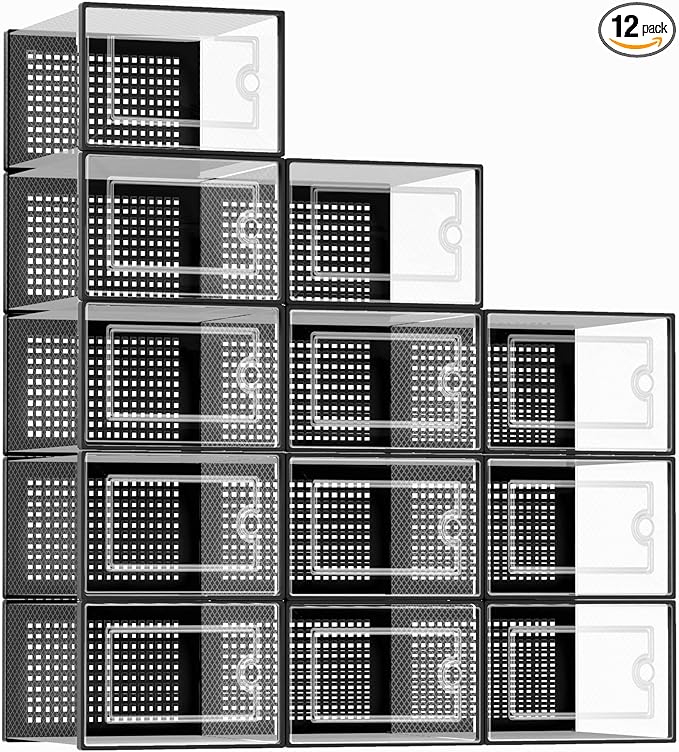 Kuject X-Large Shoe Storage Boxes Organizers Clear Plastic Stackable 12 Pack, Shoe Rack & Holder Substitute, Sneaker Containers, Toy Storage Organizer Bins for Entryway, Closet, Under Bed, Black