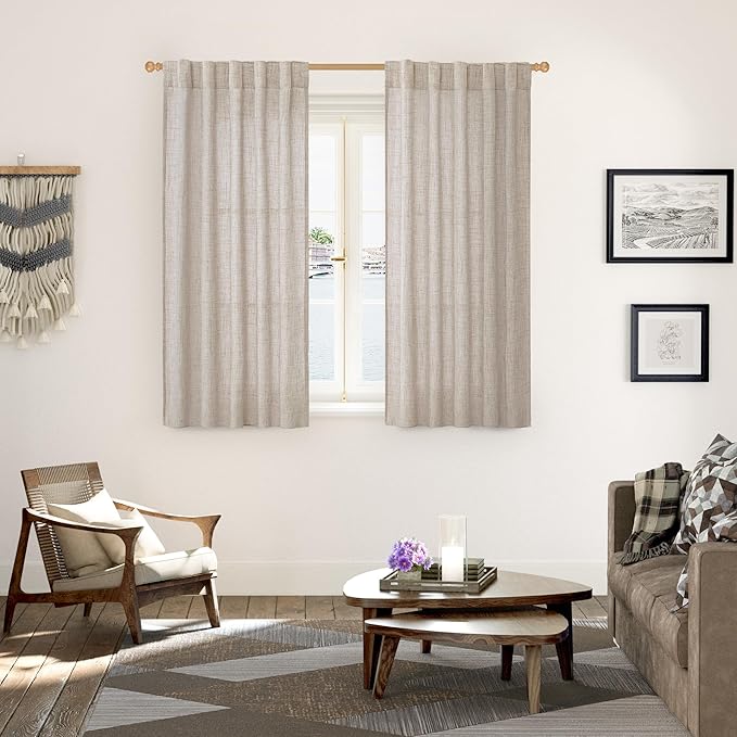 YoungsTex Short Linen Curtains 45 Inch Length for Cafe Window, Natural Light Filtering Drapes with Rod Pocket Back Tab Semi Sheer for Kitchen Window, 2 Panels, 42 X 45 Inch