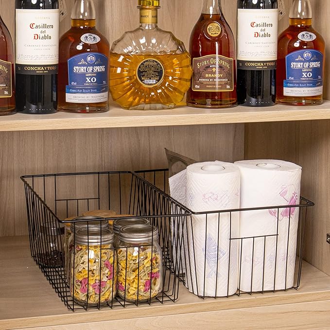 16" L x 12" W Wider Freezer Storage Organizer Baskets Container, Metal Wire Chest Upright Refrigerator Divider Bins with Built-in Handles for Cabinet, Pantry, Closet, Kitchen, Black