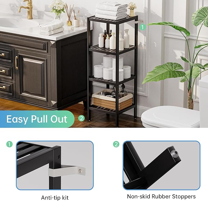 SMIBUY Bathroom Storage Shelf, 4-Tier Bamboo Rack Organizer, Multifunctional Shelving Unit for Living Room Bedroom Kitchen (Black)