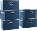 PRANDOM Larger Collapsible Storage Bins for Closet [5-pack] Decorative Linen Fabric Storage Baskets Cubes with Leather/Metal Handles for Living Room Royal Blue (17.3x12.2x10.4 Inch)
