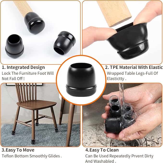 Ezprotekt 24 Pcs Black Chair Leg Sliders for Carpet, Round Teflon Furniture Glides for Rug, Carpet Sliders Protectors Caps for Couch, Dining Chair, Table Legs, Bar Stool Legs (M Fit: 7/8" to 1")