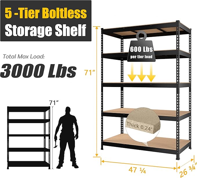 PrimeZone 48" x 24" x 72" Heavy Duty 5 Tier Adjustable Garage Storage Shelving, Metal Utility Rack Shelf Unit for Warehouse Pantry Closet Kitchen, Black, 6 Pack