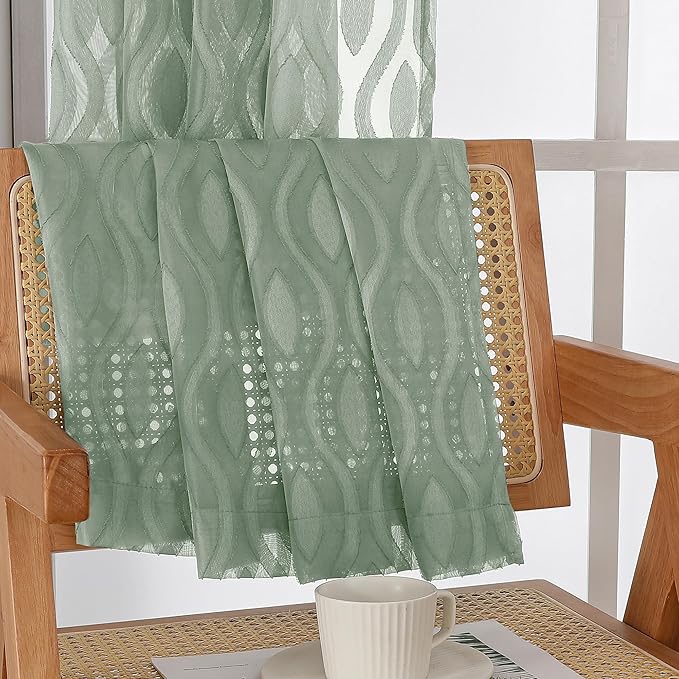 Aiyufeng Sheer Curtains 96 Inches Long for Bedroom and Living Room, 2 Panels, Farmhouse Wavy Line Light Filtering Clip Jacquard Solid, Rod Pocket, Sage Green, 40"Wx96"L