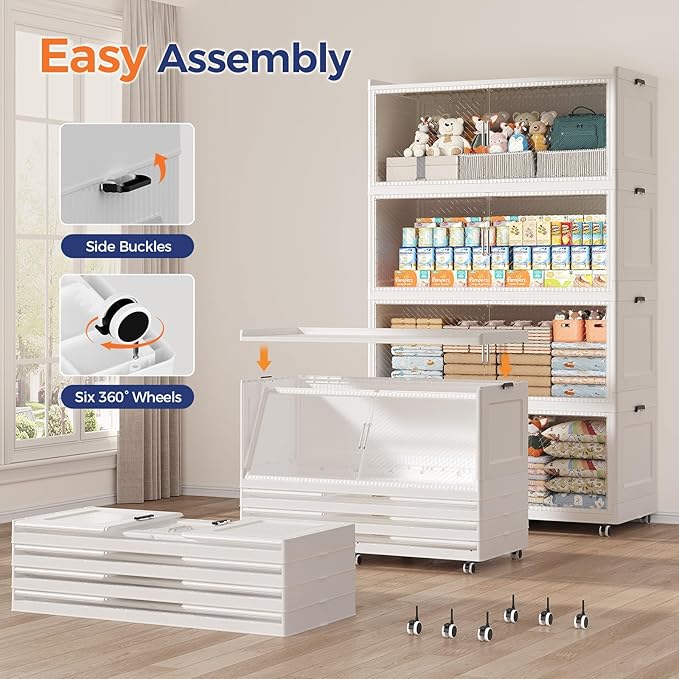 200GAL Extra Large Storage Bins with Lid, 800QT Collapsible Organizer with Wheels, Stackable Closet Cabinet with Doors, Folding Storage Containers for Home, Office, Dorm, 4Pack White
