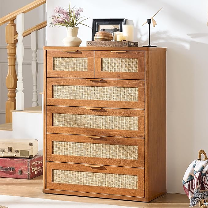 LEYAOYAO Rattan Dresser for Bedroom, 42" Tall Chest of Drawers, Modern 6 Drawers Boho Dressers with Storage, Vintage Brown Dresser Wooden Closet Organizer for Living Room, Hallway